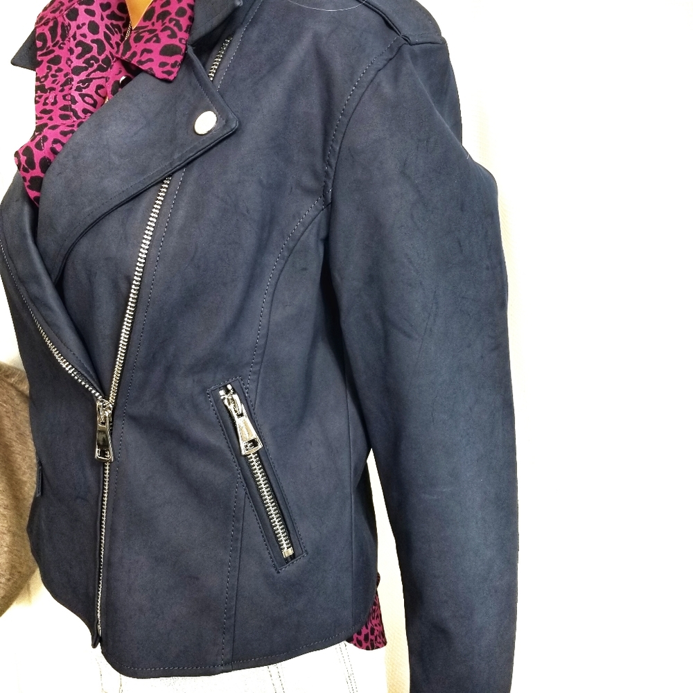 NINE WEST Biker Jacket Navy Brushed Faux Leather - Picture 5 of 8